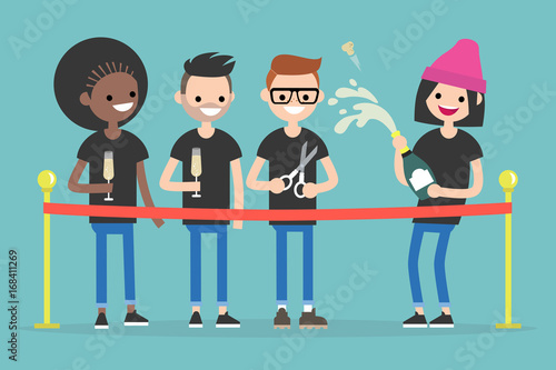 Opening ceremony. Cutting the red ribbon. A group of excited millennials opening the event / flat editable vector illustration, clip art