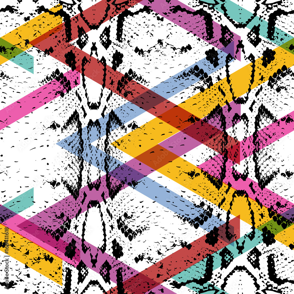 Fototapeta premium Snake skin texture seamless pattern. black magenta orange pink purple lilac green stripes, Geo modern Geometric abstract background fashion creative art print for design textile blog fabric. Vector