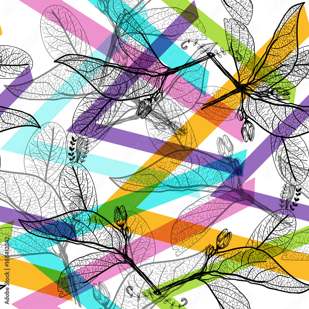 Naklejka premium Leaves black contours, Rainbow bright magenta pink orange blue lilac purple modern trendy background. floral seamless pattern, hand-drawn. Geometric abstract background for site, blog, fabric. Vector