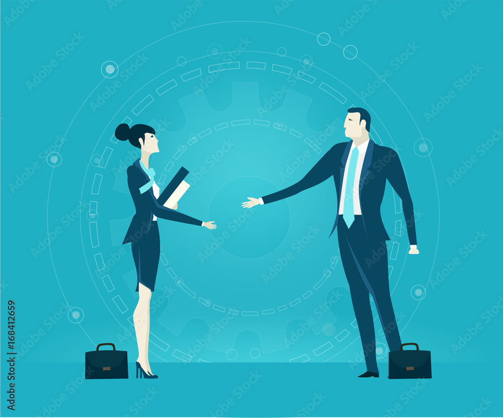 Businesswoman and businessmen talking business in front of background made of diagrams and growth charts. Business concept illustration. 