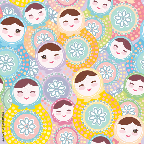 pretty Russian dolls matryoshka, pink blue green pastel colors colorful, seamless pattern. Vector