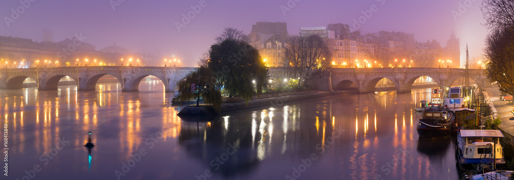 Ile de la Cite at dawn with fog, the Seine River, and Pont Neuf bridge. Winter in Paris, France