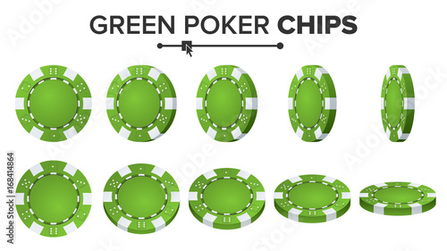 Green Poker Chips Vector. Realistic Set. Poker Game Chips Sign Isolated On White Background. Flip Different Angles. Success Concept Illustration.