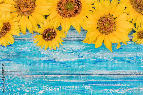 Autumn background with sunflowers on wooden board. Yellow fresh sunflowers on rustic wooden table background