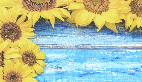 Autumn background with sunflowers on wooden board. Yellow fresh sunflowers on rustic wooden table background