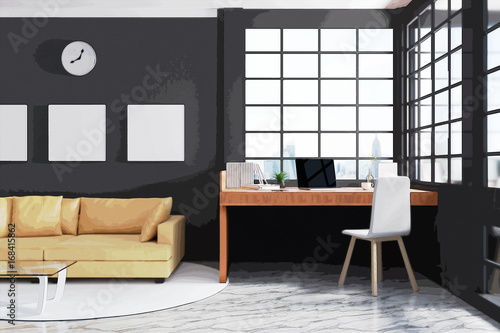 3D Rendering : illustration of modern interior Creative designer office desktop with computer. pc laptops mock up working place of graphic design at house. filtred image to comic halftone photo