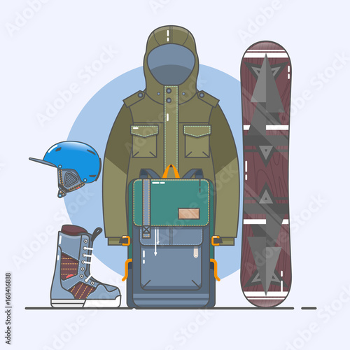 Snowboard accessories.Winter sports icon set. Line art collection of stock vector clipart.
