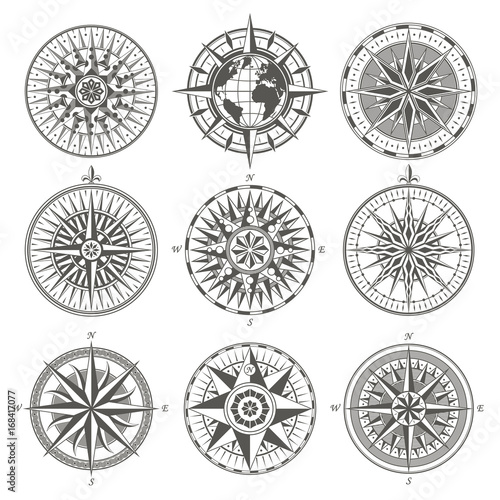 Set of vintage antique wind rose nautical compass signs labels e