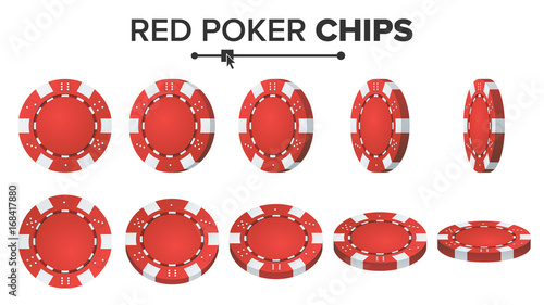 Red Poker Chips Vector. 3D Realistic Set. Plastic Poker Chips Sign Isolated On White Background. Flip Different Angles. Jackpot, Success Illustration.