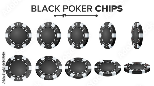 Black Poker Chips Vector. Realistic Set. Plastic Round Poker Game Chips Sign Isolated On White. Flip Different Angles. Big Win, Success Concept Illustration.