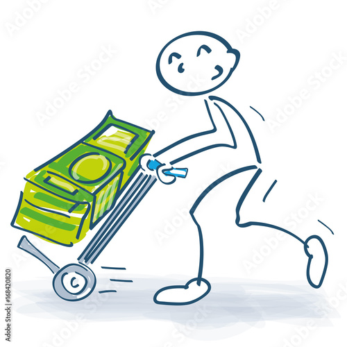 Strichmännchen mit Sackkarre und großem Geldbündel