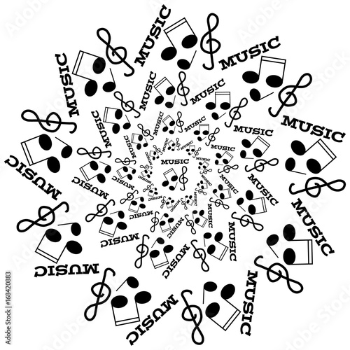 Black notes, warp and treble clef on white background in ring.