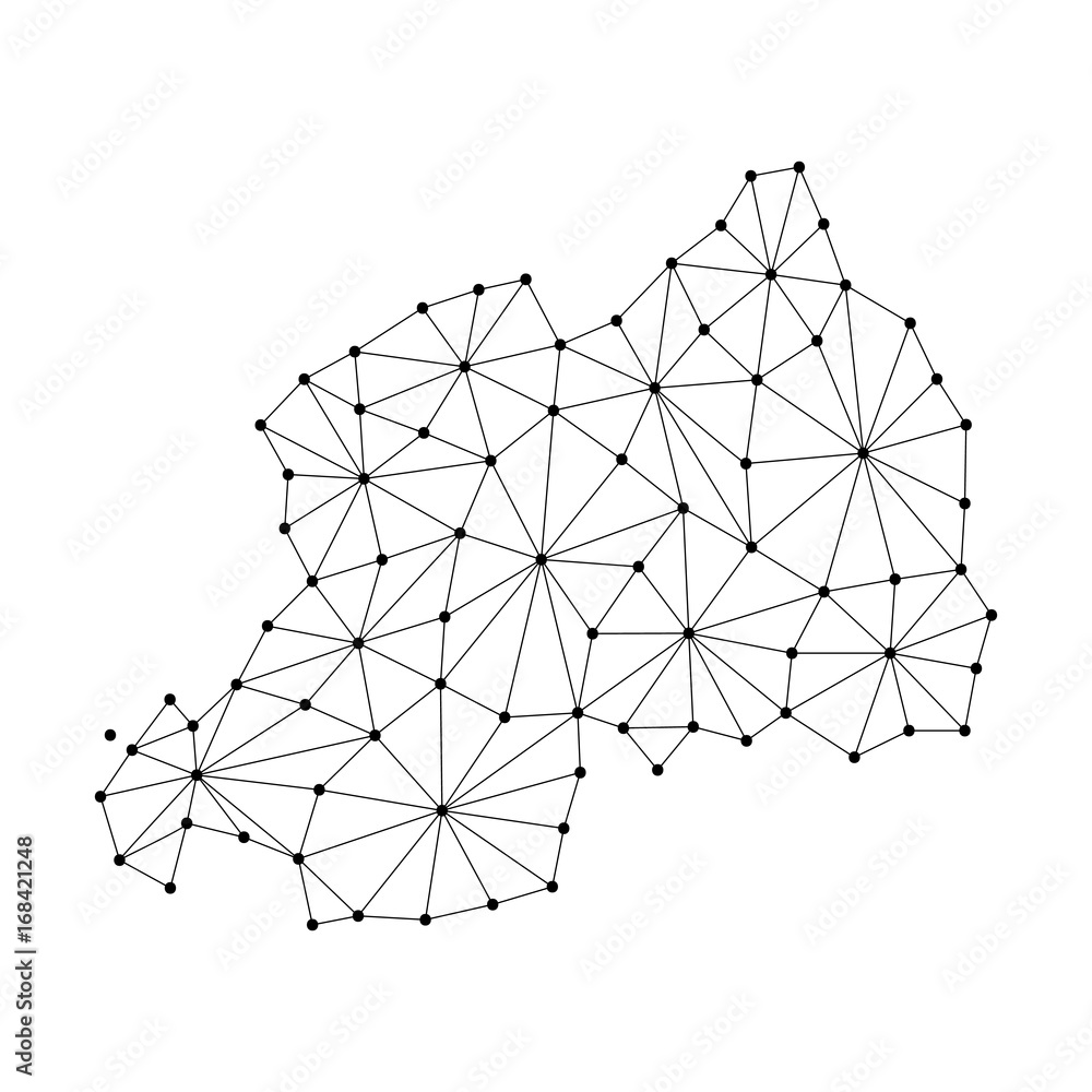 Rwanda map of polygonal mosaic lines network, rays and dots vector illustration. Rwanda map of polygonal mosaic lines network, rays and dots vector illustration.