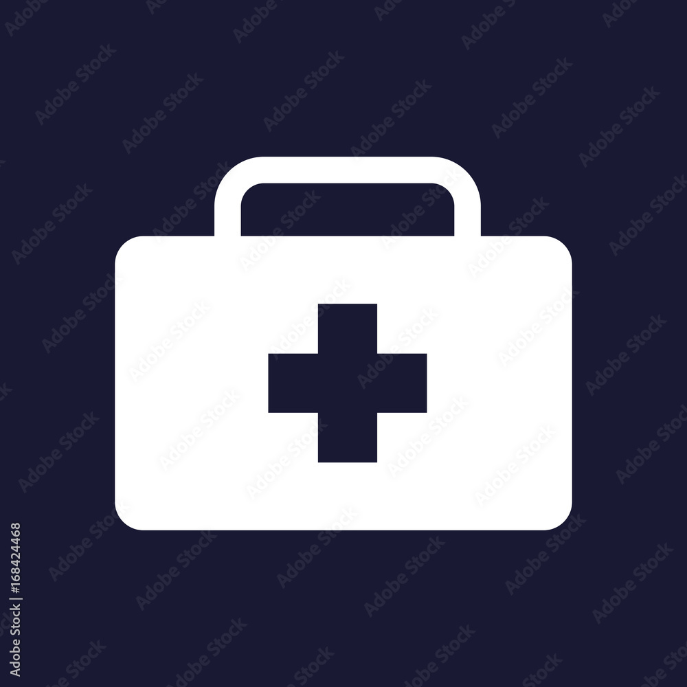 Vector icon indicates the presence of first-aid. Doctor. First Aid Kit on dark blue background. Vector icon indicates the presence of first-aid. Doctor. First Aid Kit on dark blue background.