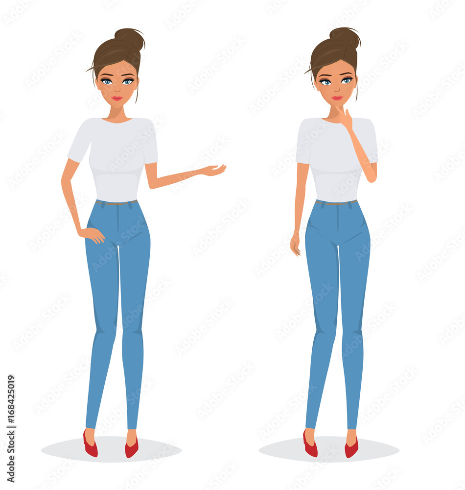 Woman in jeans pants different pose character. Illustration vector.