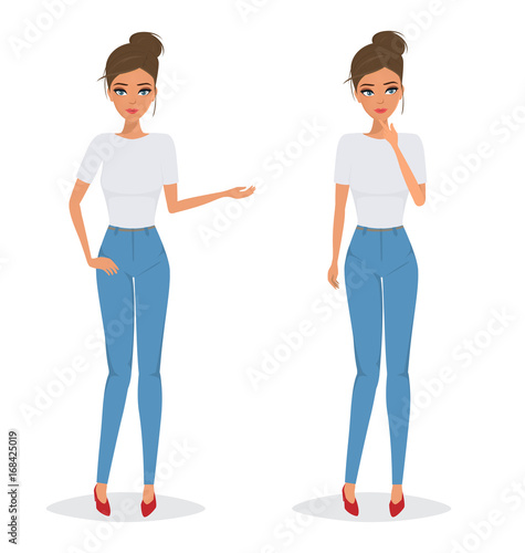 Woman in jeans pants different pose character. Illustration vector.