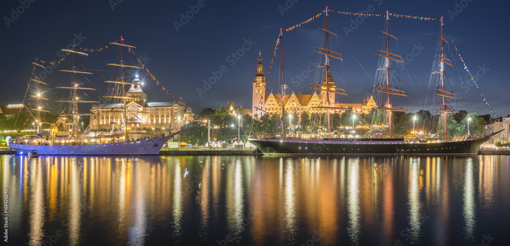 Big sailing ships at night at haken terraces in Szczecin, Tall ship races 2017 Big sailing ships at night at haken terraces in Szczecin, Tall ship races 2017