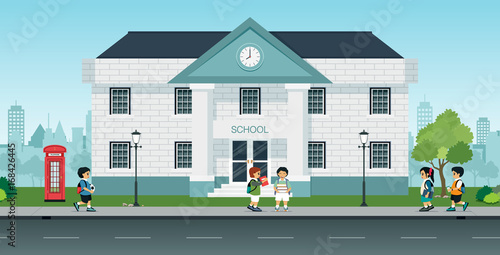 Male and female students are coming to school.