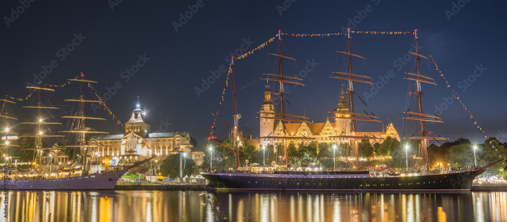 Big sailing ships at night at haken terraces in Szczecin, Tall ship races 2017