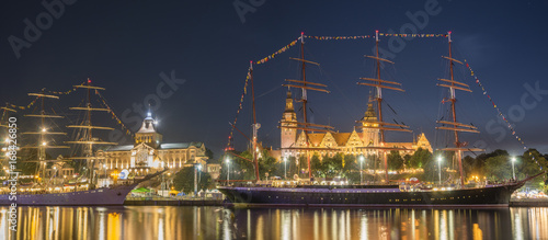 Big sailing ships at night at haken terraces in Szczecin, Tall ship races 2017