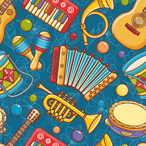 Musical instrument seamless pattern. Cartoon style