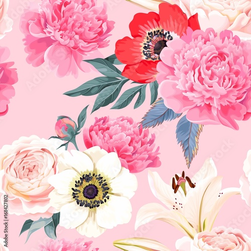 Fototapeta Naklejka Na Ścianę i Meble -  Seamless pattern with lilies and roses