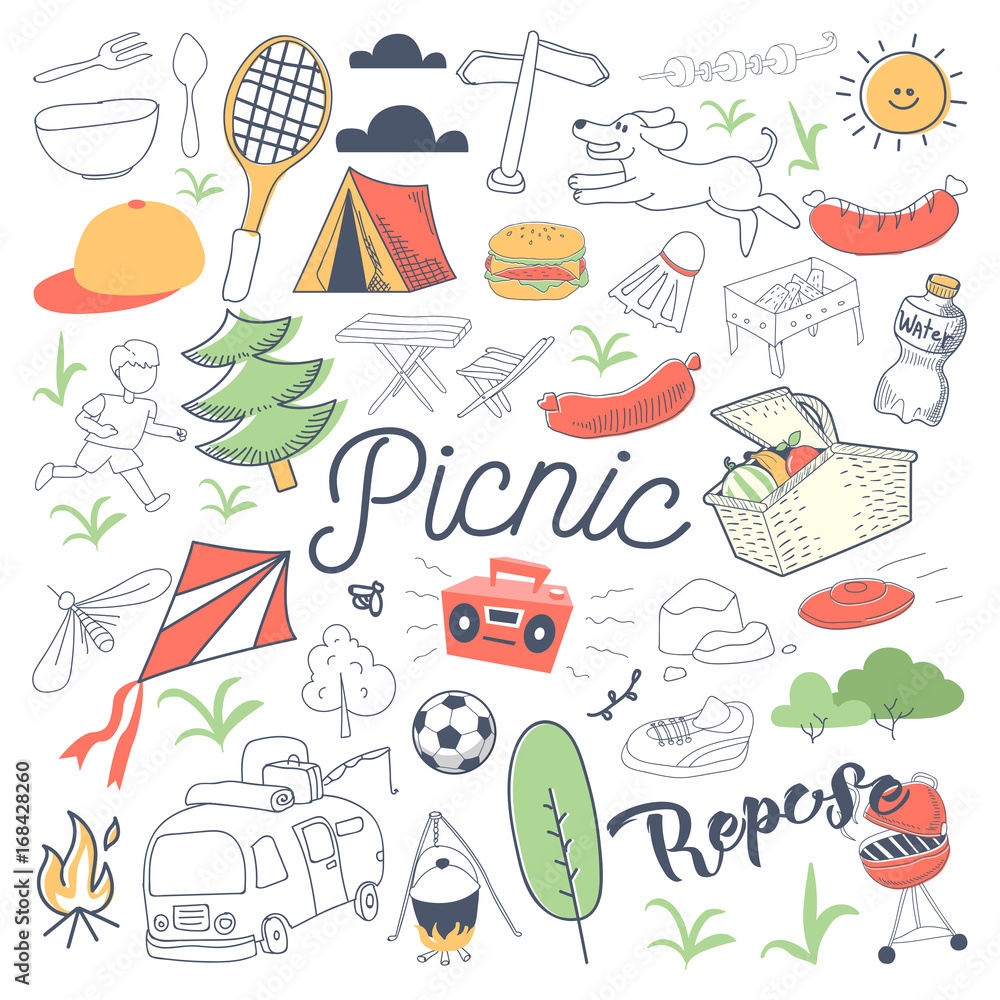 Picnic and BBQ Hand Drawn Doodle. Camping Outdoor Vacation Freehand Set. Vector illustration