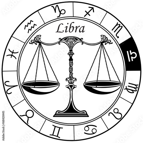 libra astrological horoscope sign in the zodiac wheel. Black and white vector illustration photo