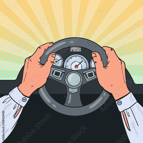 Pop Art Male Hands Steering Car Wheel. Safe Driving. Vector illustration