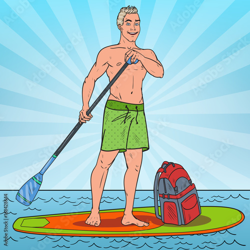 Pop Art Young Man Paddling on Stand Up Paddle Board. SUP Watersport on the Sea. Vector illustration