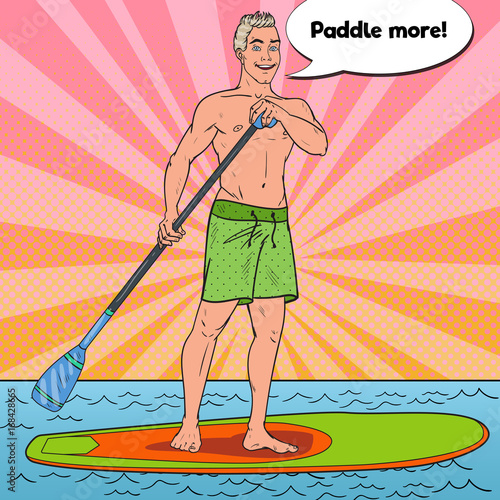 Pop Art Man Paddling on Stand Up Paddle Board. SUP Watersport on the Sea. Vector illustration