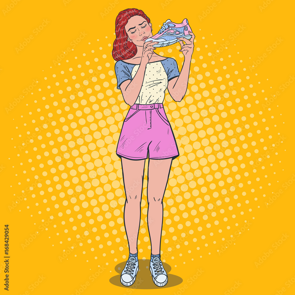 Pop Art Young Woman with Running Shoes. Healthy Lifestyle. Vector illustration Pop Art Young Woman with Running Shoes. Healthy Lifestyle. Vector illustration