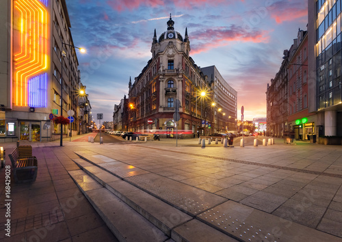 Central square of Katowice in dramatic sunset.