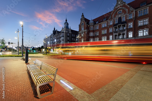 Katowice and tram light trails during sunset