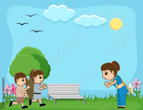 Indian Woman and Small Kids Playing Garden