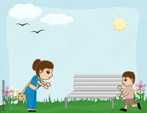 Indian Woman with Kid Boy in Garden