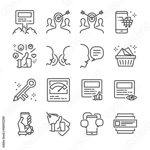 Social marketing line icon set. Included the icons as boost post, viral , marketing, keyword, audience, target and more.