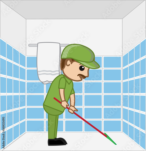 Cartoon Sweeper Man Cleaning Bathroom