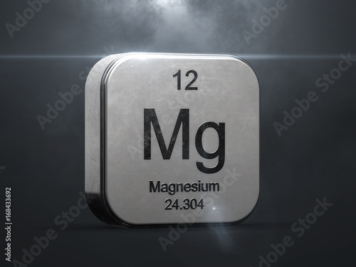 Magnesium element from the periodic table. Metallic icon 3D rendered with nice lens flare