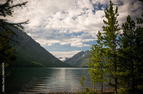 View of the beautiful lake and mountains through the green spruce photo