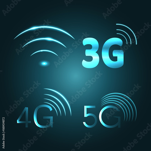 Wi Fi, 3G, 4G and 5G technology glow icon symbols