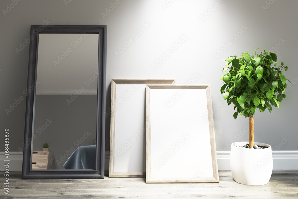 Light gray living room interior, mirror, posters Light gray living room interior, mirror, posters