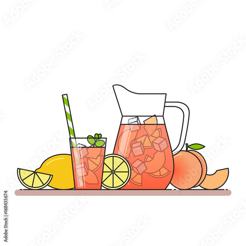 Peach lemonade with fruit slices, ice and meant in jug and glass with straw, cut lemon and peach.