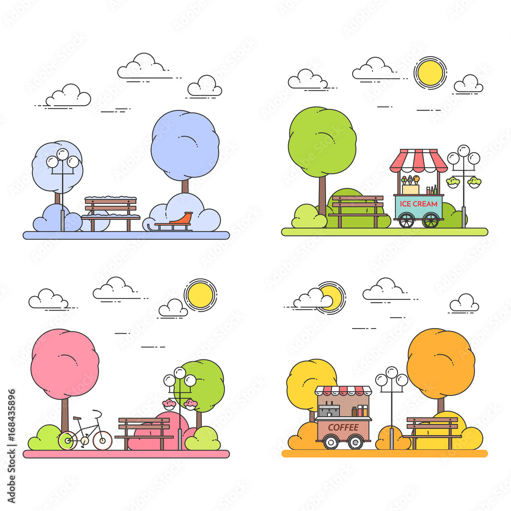 Winter, spring, summer, autumn city landscapes with central park. Vector illustration. Line art. Four seasons set. Winter, spring, summer, autumn city landscapes with central park. Vector illustration. Line art. Four seasons set.