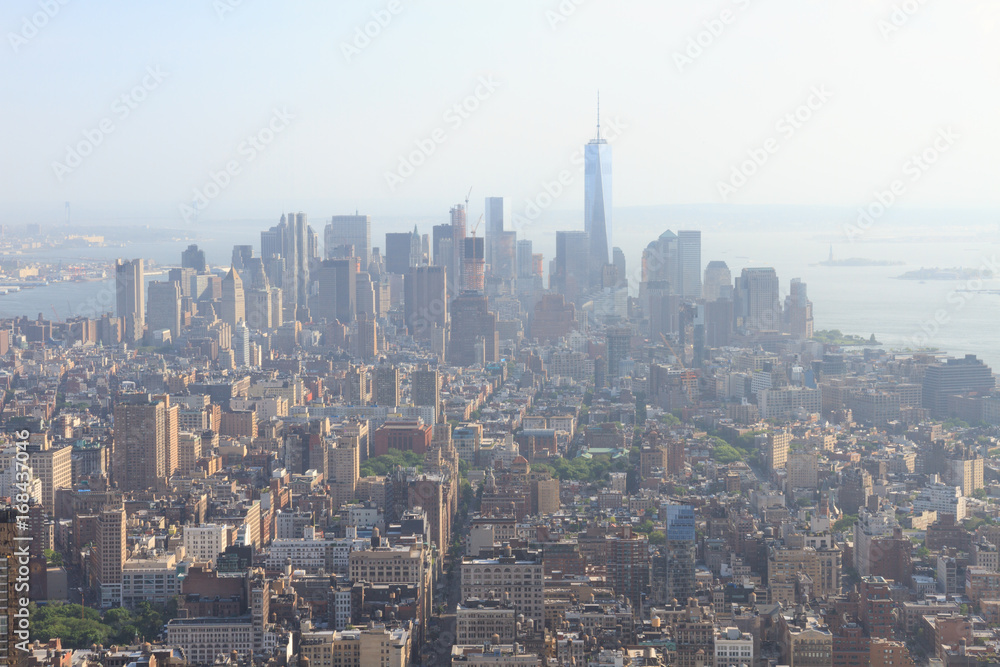 Obraz premium Panoramic view of Lower Manhattan as seen from the Empire State Building observation deck in the late afternoon (New York, USA)