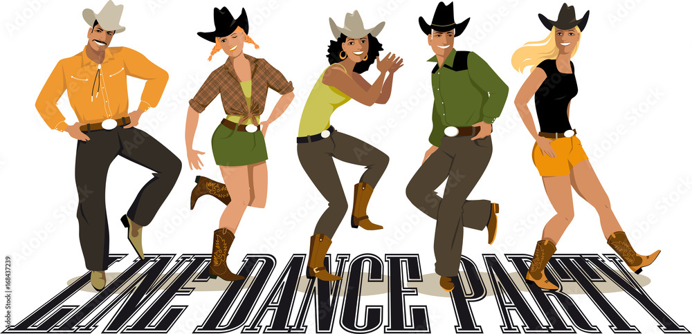 Group of people in western country clothes dancing line dance, EPS 8