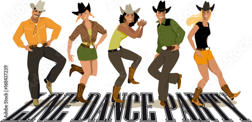 Group of people in western country clothes dancing line dance, EPS 8 vector illustration