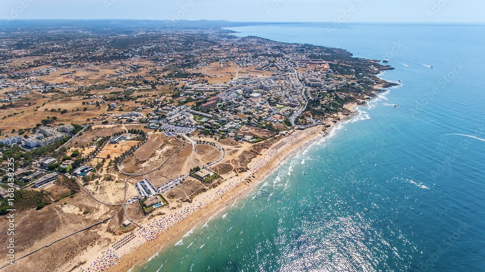 Aerial. Many tourists on the beach of Gale, the view from sky. Albufeira.