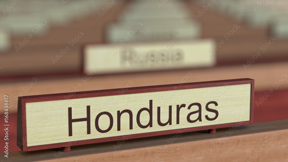 Honduras name sign among different countries plaques at international organization. 3D rendering Honduras name sign among different countries plaques at international organization. 3D rendering