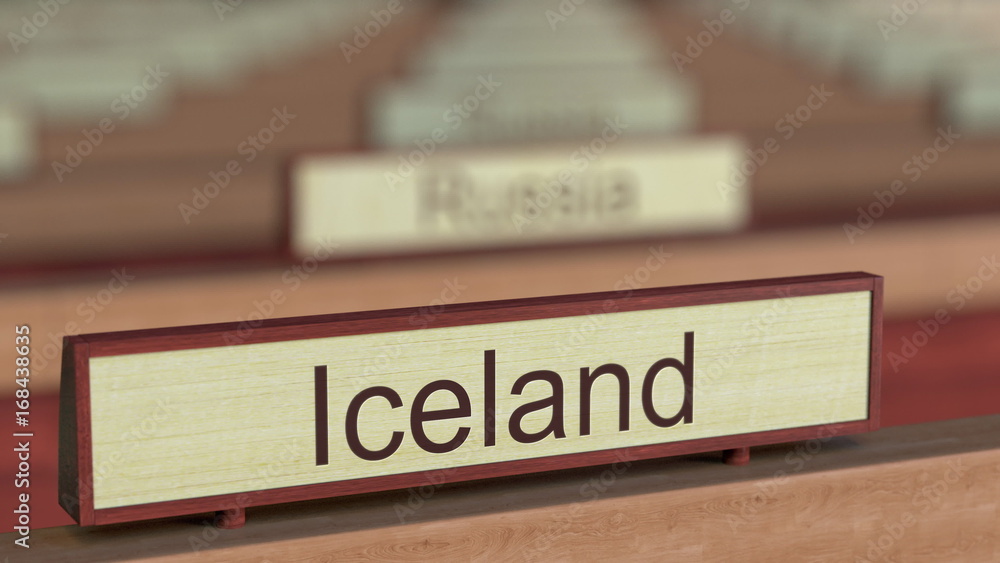 Iceland name sign among different countries plaques at international organization. 3D rendering Iceland name sign among different countries plaques at international organization. 3D rendering